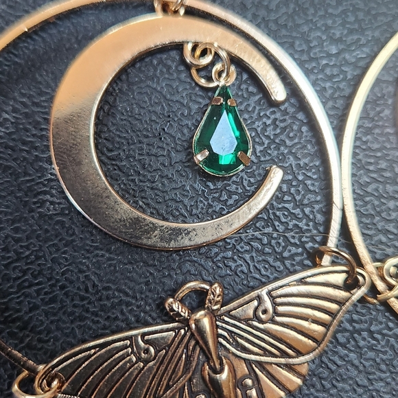 Gold Hoops Dangling Moon Butterfly with Faux Emerald Teardrop Earrings NWT - Picture 6 of 6